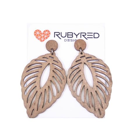 Ruby Red Designs Wood Earrings - Natural Brown Leaf Drop Earrings