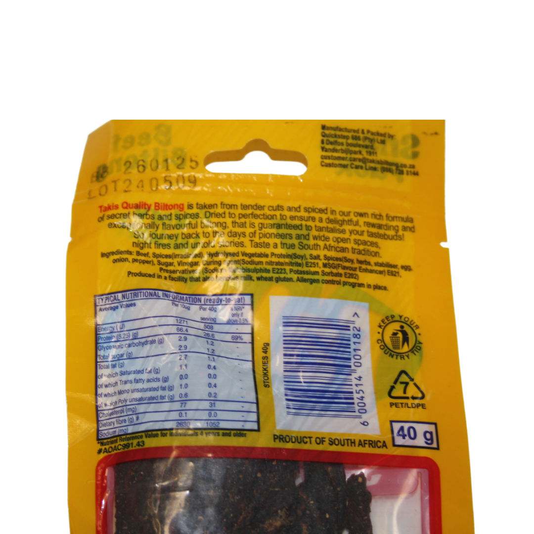 Takis Biltong Snack Pack - Stokkies-  Beef - 20 x 40g - Bulk Pack