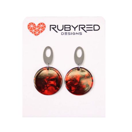 Ruby Red Designs Acrylic Pearlescent Round Drop Earrings, Stainless Steel Oval Posts - Red