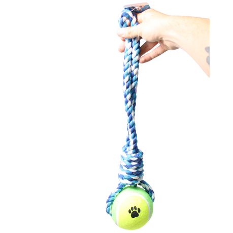 Nature One Blue & White Big Hard Rubber Tennis Ball Knotted Dog Rope Toy
