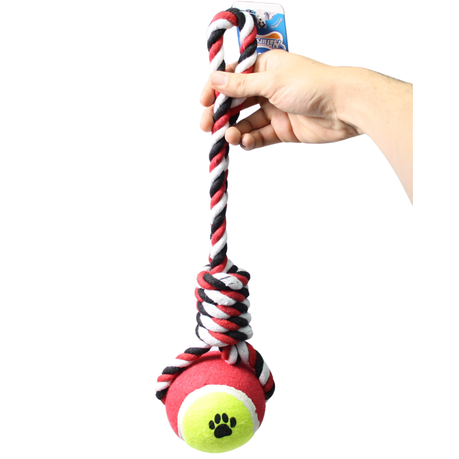 Nature One Red & Black Big Hard Rubber Tennis Ball Knotted Dog Rope Toy