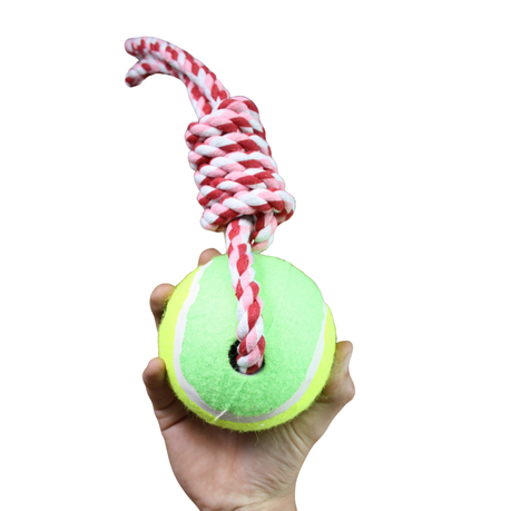 Nature Pink & White Big Hard Rubber Tennis Ball Knotted Dog Rope Toy