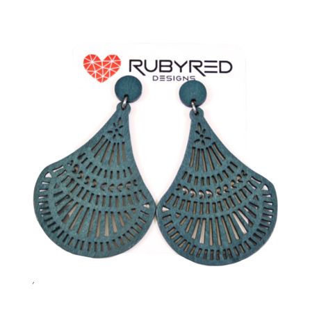 Ruby Red Designs Wood Earrings - Teal Green Chandelier Drop Earrings