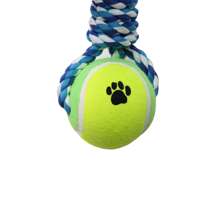 Nature One Blue & White Big Hard Rubber Tennis Ball Knotted Dog Rope Toy