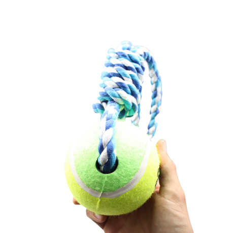 Nature One Blue & White Big Hard Rubber Tennis Ball Knotted Dog Rope Toy