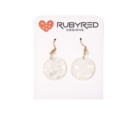 Ruby Red Designs Acrylic Round Pearlescent Earrings with Gold French Hook - White