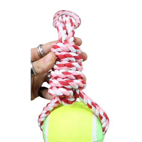 Nature Pink & White Big Hard Rubber Tennis Ball Knotted Dog Rope Toy