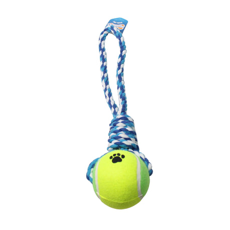 Nature One Blue & White Big Hard Rubber Tennis Ball Knotted Dog Rope Toy